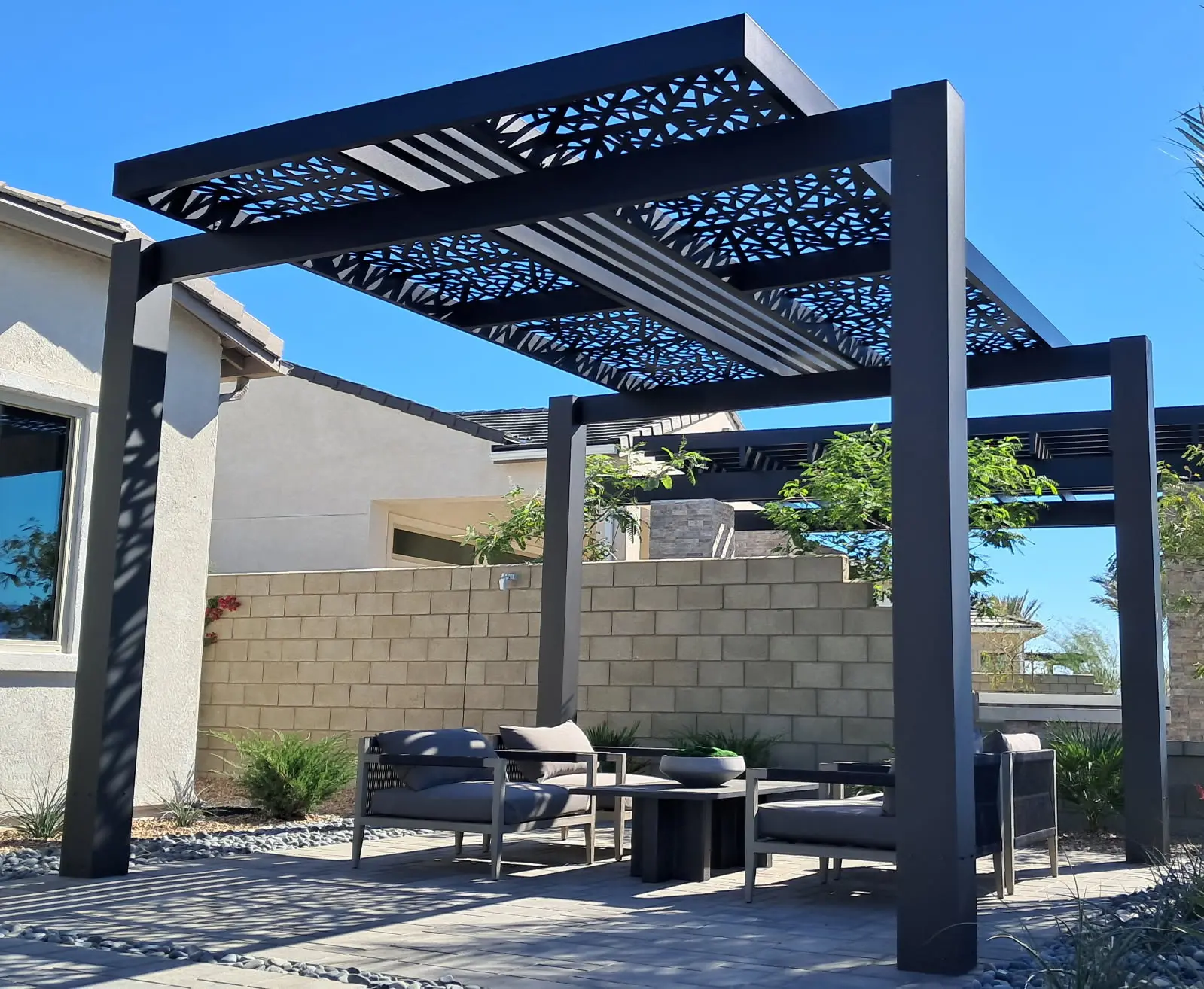 Decorative soleil panels cause a modern shade pattern