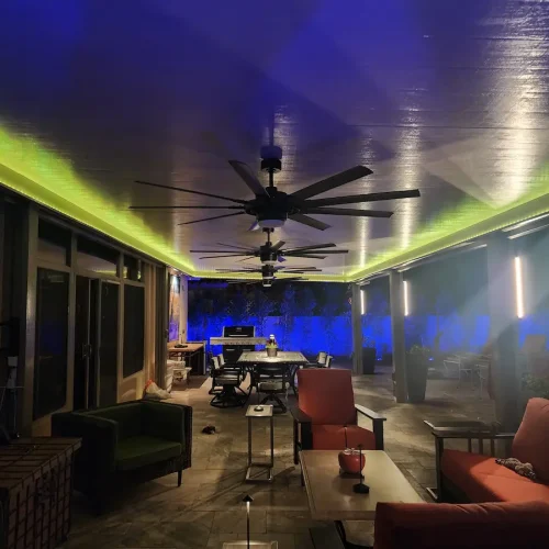 insulated patio cover with lights and fan
