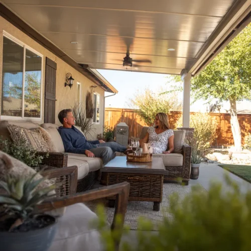 A couple enjoying their patio